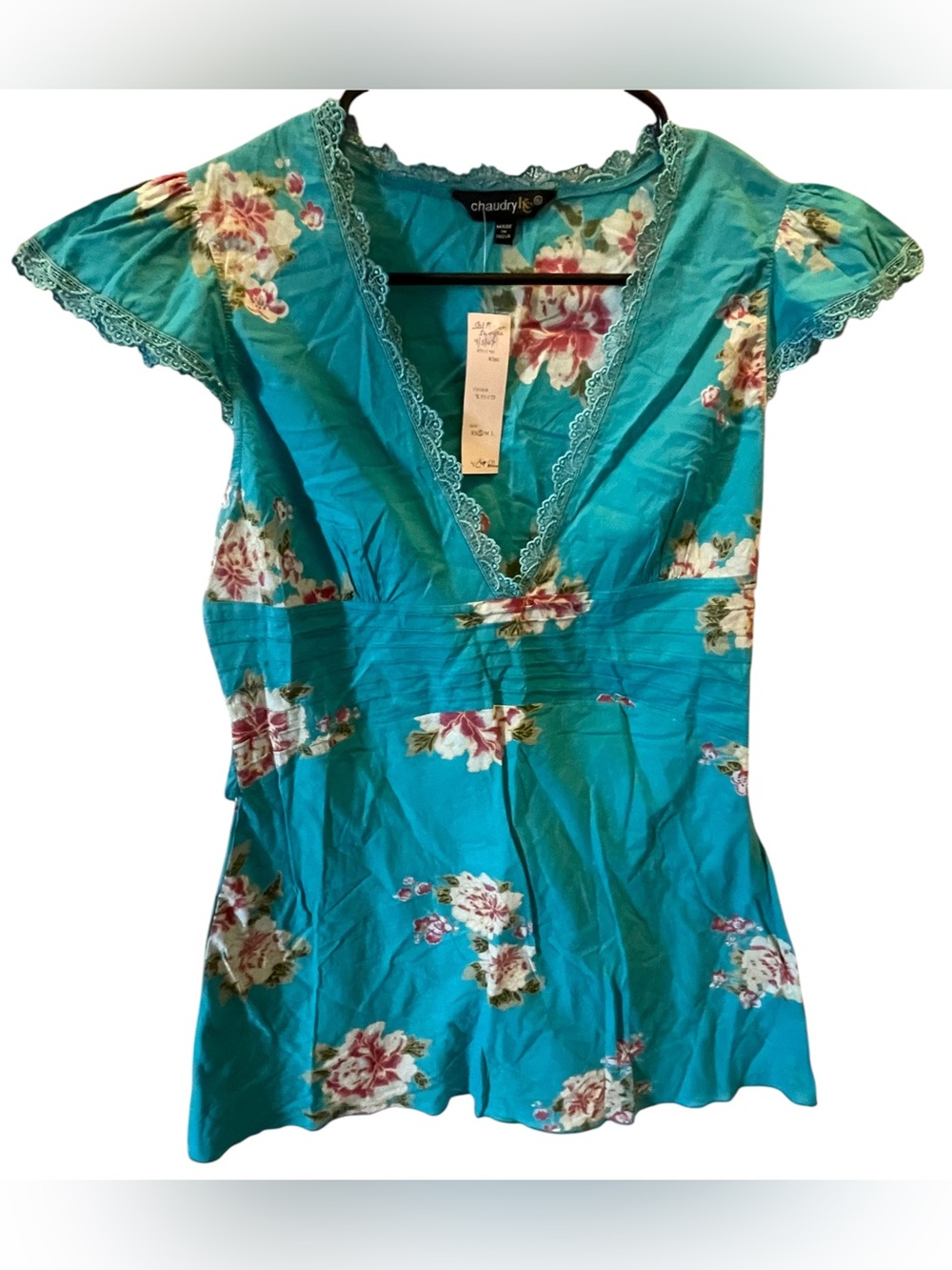 VTG 2007 Chaudry KC Y2K Turquoise Floral Lace V-Neck Blouse - One of One - S NWT